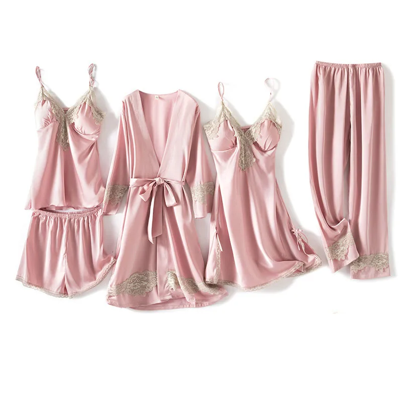 

Gray Pajamas Set Lady Lace Sleepwear 5PCS Nightgown With Belt Sleep Suit Women Robe Gown Home Clothes Solid Colour Homewear