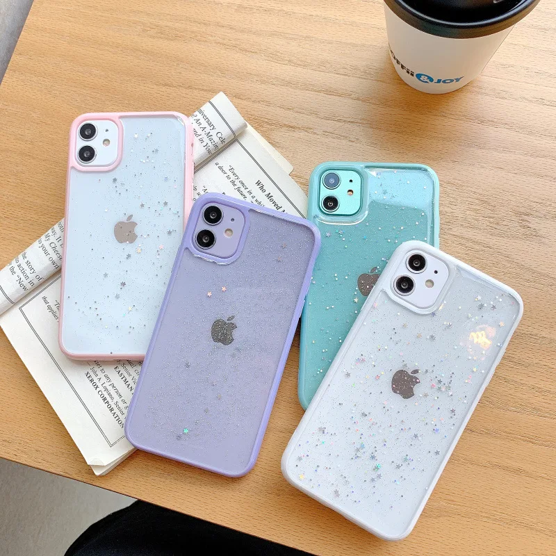 

Bling Glitter Stars Sequins Phone Case for IPhone 11 12 Pro Max 12Pro X XS Max XR 7 8 Plus 11 Color Frame Clear Back Cover Coque