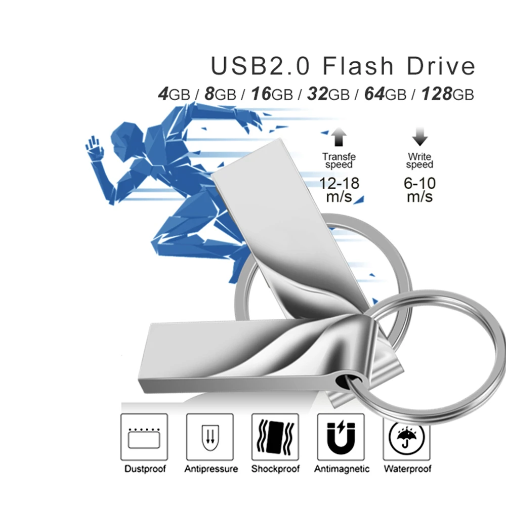 Металлический флеш-накопитель Cle USB объемом 32 ГБ 16 ГБ, PenDrive 128 ГБ 64 ГБ, водонепроницаемый перо 8 ГБ 2.0, память типа stick, на которую можно нанести индивидуальный логотип.