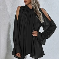 women black chiffon long blouse flare sleeve off shoulder pleat o neck blouse lace up casual office female 2021 newest chic tops