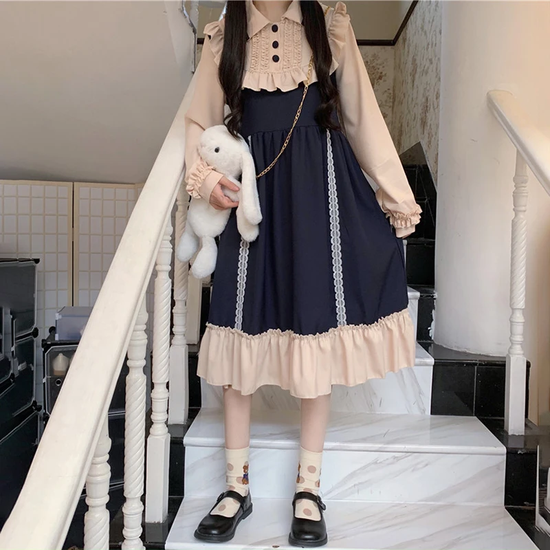 

Japanese soft girl Sweet lolita dress doll collar daily light Lolita red stitching victorian dress kawaii girl gothic lolita op