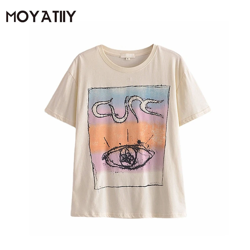 

MOYATIIY Women 2022 Fashion Art Print Summer T Shirt Casual Modern Eye Pattern Tee Shirt Short Sleeve Female Tops
