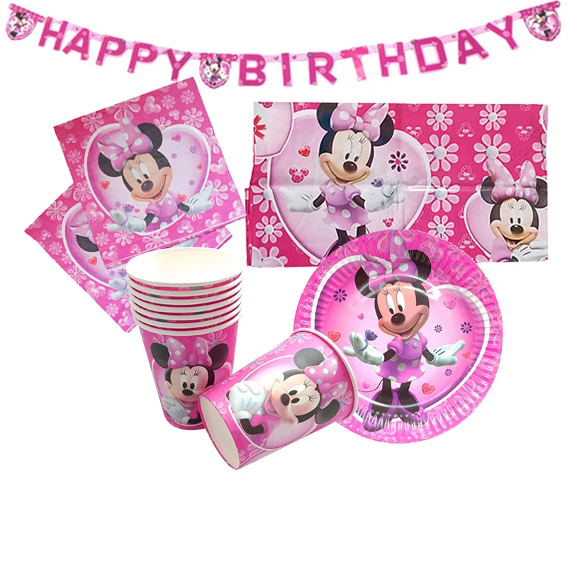 

34/49/66pcs Disney Minnie Children's Birthday Party Decoration Combination Disposable Cup And Plate Garland Tablecloth Set
