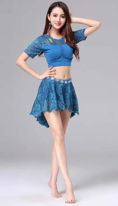 

Fashion New Arrival Sexy Lady Belly Dance Costume Lace Round-Neck Short Sleeve Crop Top Clothes