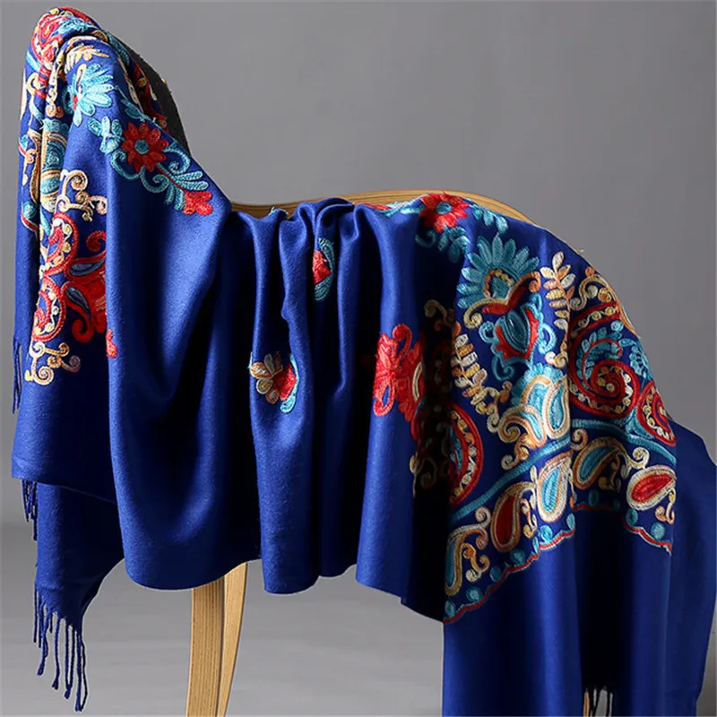 

Shawl Warm Scarves new Oversize Shawl Winter Fine Tassels Scarf Women Embroider Flower elegant black Scarf