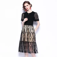 elegant lace skirt set women two piece lace patchwork knitted tops high waist vogue mesh skirts ladies party work sets summer