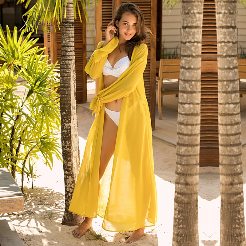 Женское шифоновое платье-кардиган с рукавами-лепестками однотонное длинное