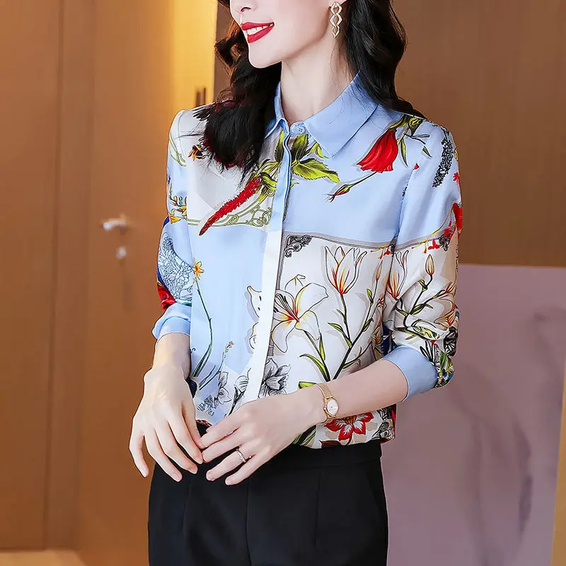 

Тяжелая шелковая рубашка, женский весенний Топ с длинным рукавом, новинка 2021, модный Свободный высококлассный топ из сатина и шелка тутовог...