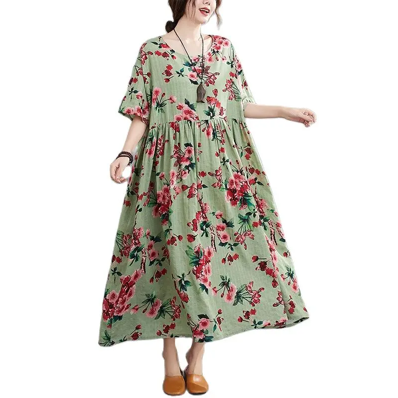 

ARCSINX Green Floral Dresses Women Oversized 4XL 5XL 6XL 7XL 8XL Short Sleeve Mori Girl Dress Woman Cotton Summer Women's Dress