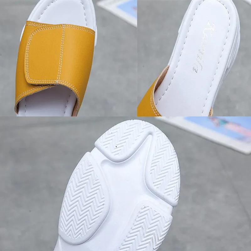 

Yellow PU Leather Sewing Leisure Platform Shoes Fashion Women Peep Toe Designer Slides 2021New Summer Comfortable Slippers