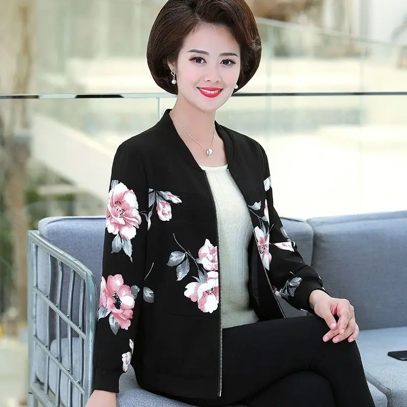 

Women 2021 Spring Fashion Middle-aged Short Coats Female Casual Baseball Jackets Ladies Long-sleeved Printed Overcoats W230