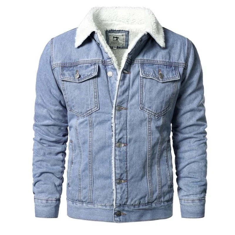 

2021 Winter Men Denim Jacket Buttons Wool Liner Thicker Warm Casual Blue Men Denim Outwear Motorcycle Streetwear