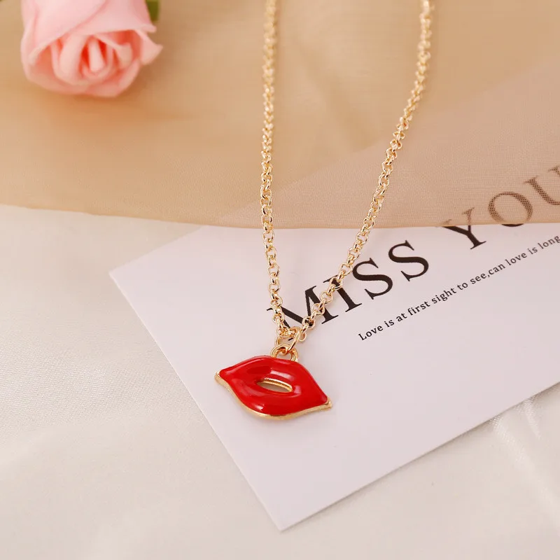 

Bacolod Long Chain Gold Color Cute Pendant Necklaces for Girls Simple Party Birthday Jewelry Heart Lip Red Chili Women Necklace