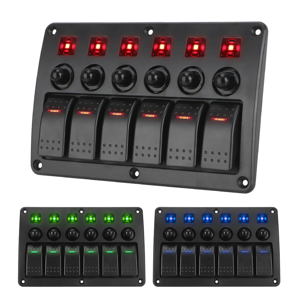 LED Light Car Switch Panel Waterproof 6 Gang with Sticker Interior Parts Marine Rocker Switch Panel 12~24V Circuit Control