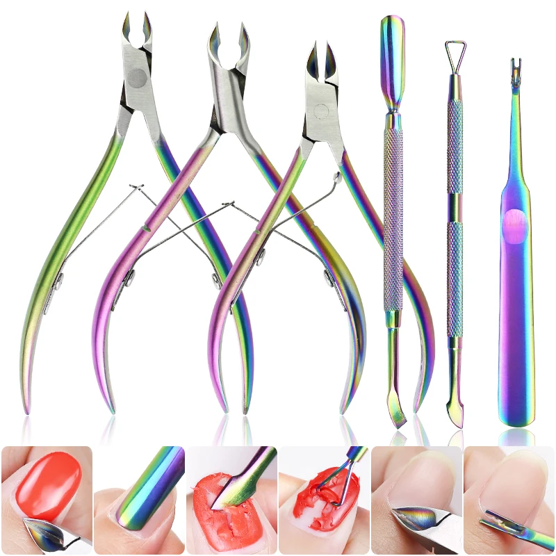 

6 Style Rainbow Stainless Steel Nail Cuticle Pusher Tweezer Dead Skin Fork UV Gel Polish Remove Manicure Care Groove Clean Tool