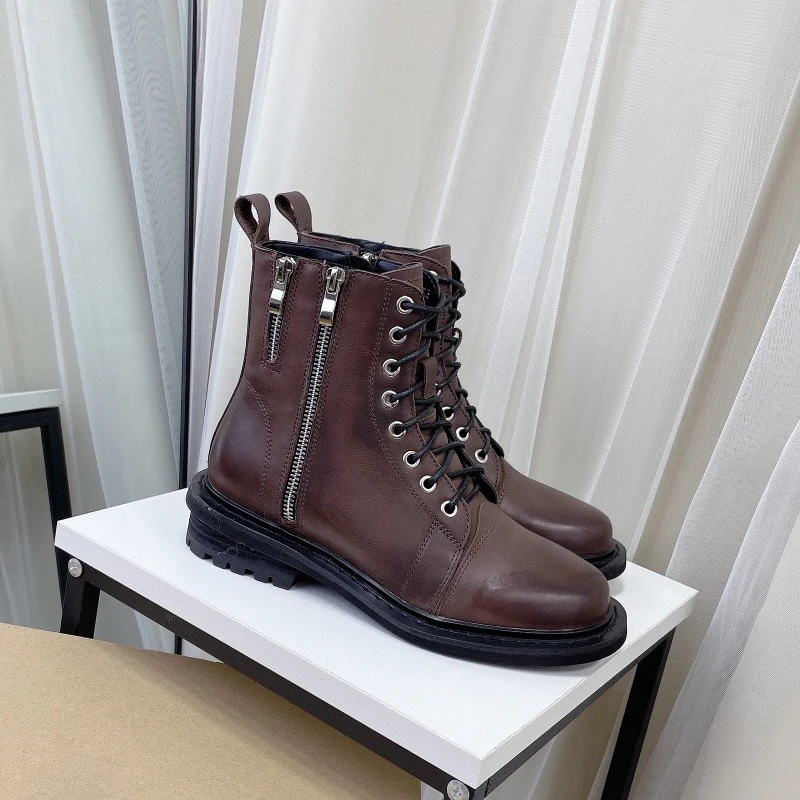 

Donna-in 2021 Stylish Brown Martin Boots for Women Winter Warm Wool Ankle Boots Concise Retro Calfskin Lace Up Street Style Shoe