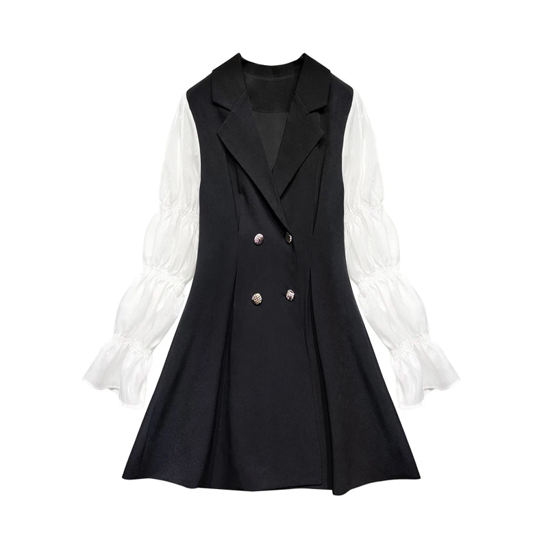 

PERHAPS U Black Patchwork Notch Collar Puff Sleeve Long Sleeve Double-breasted Mini Dress Elegant Autumn D1718