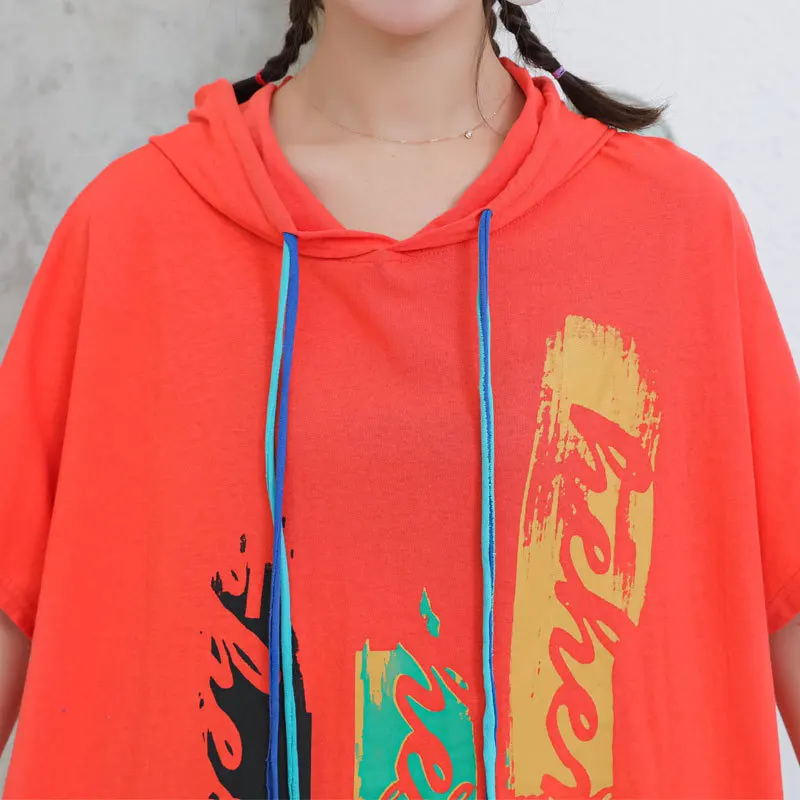 

Vefadisa Blue Orange Yellow Letter Print Summer T-shirt Women 2021 Hooded Short Sleeve T-shirt Plus Size Patchwork Top QYF5391