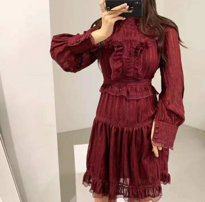 

New wine red vintage lace collar agaric socialite dress G0818 cake