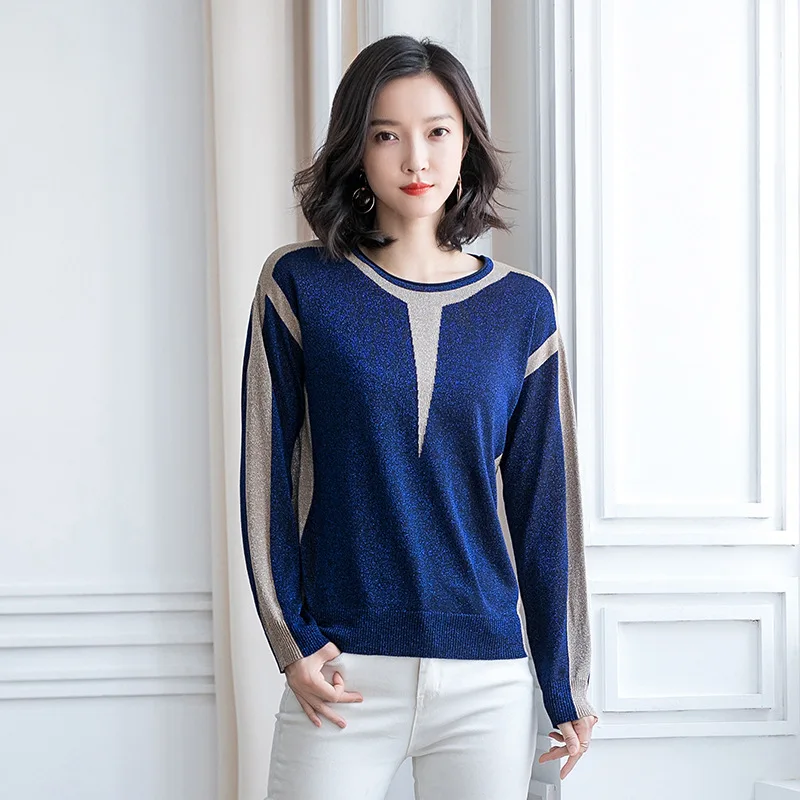 Женский трикотажный свитер в стиле пэчворк с круглым вырезом | Женская одежда