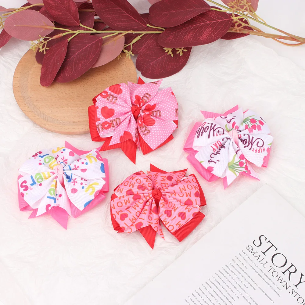 

1 Pc 4" Printed Grosgrain Ribbon Hair Bows Kids Hair Accessories Mother's Day Hair Clips for Girls Letter Bowknot Kids Hairpins