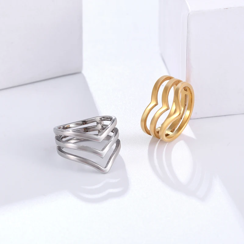 Women's Titanium Steel Gold Color Wholesale Inside and Outside Polished Three V Shape Ring image 2