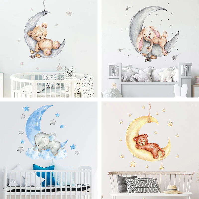Мультяшные животные, спящие на Луне, настенные наклейки для детской комнаты, медведь, слон, детская комната, настенные наклейки, акварель, домашний декор