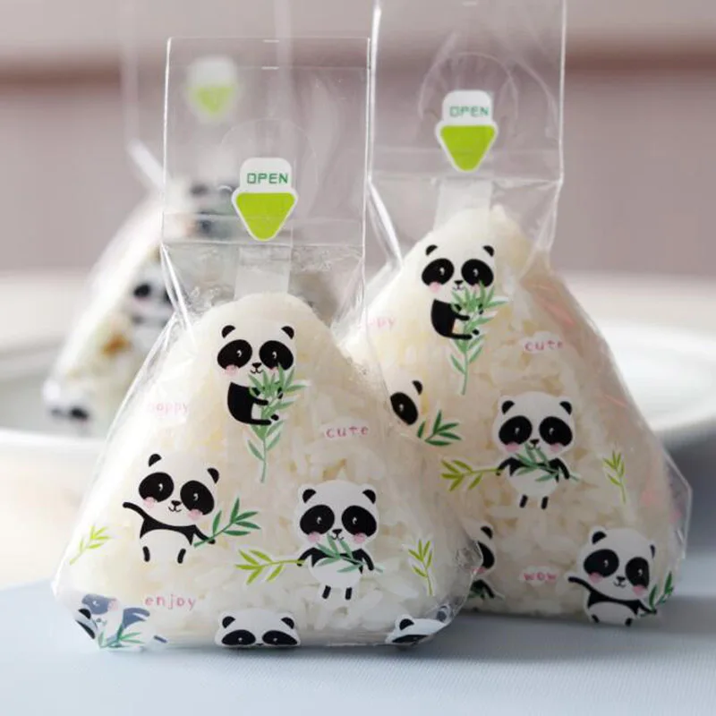 100pcs Cartoon Panda Triangle Rice Ball Packing Bag Anti-fog Easy Tear Sushi Packaging Bag