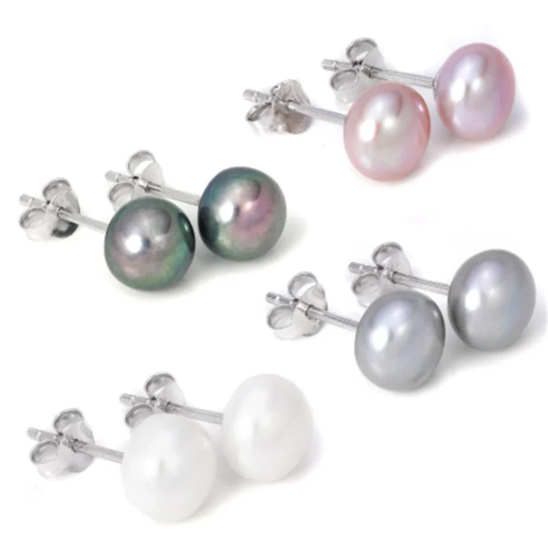 

7-8mm Real Freshwater Pearl white Grey Black purple Natural stud Earrings for 1 pair wholesale