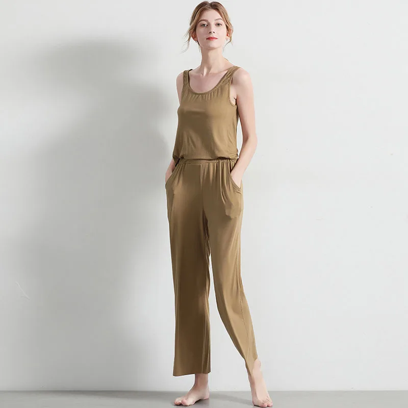 

Black Female Sleepwear Sexy Sleeveless Satin Two Piece Sets Loose Pants Casual Pajamas Women Home Suit Solid Nightwear
