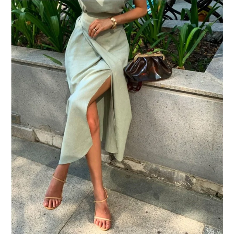 

Summer Cotton Linen Sleeveless Lace-up Fashion Dress Lace-up Waist Split Slim Sling Casual Long Skirt -40