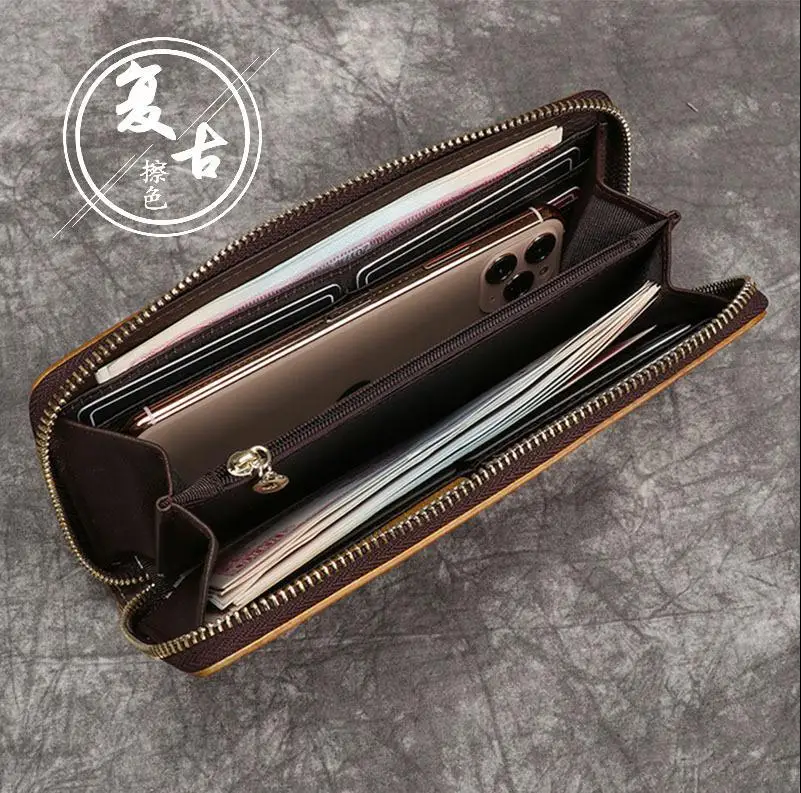 

New Cow Leather Women Long Hand Wallet Retro Prints Large Clutch Wallets Card Holder Leisure Lady Phone Purse