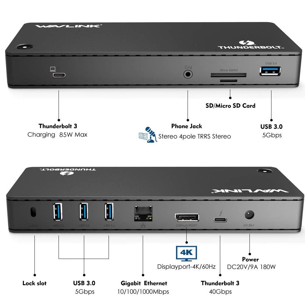 Wavlink Intel Сертифицированный Thunderbolt 3 док-станция для ноутбука USB 3,0 4 k@ 60Hz Gigabit Ethernet 85W зарядка USB C для MacBook Pro