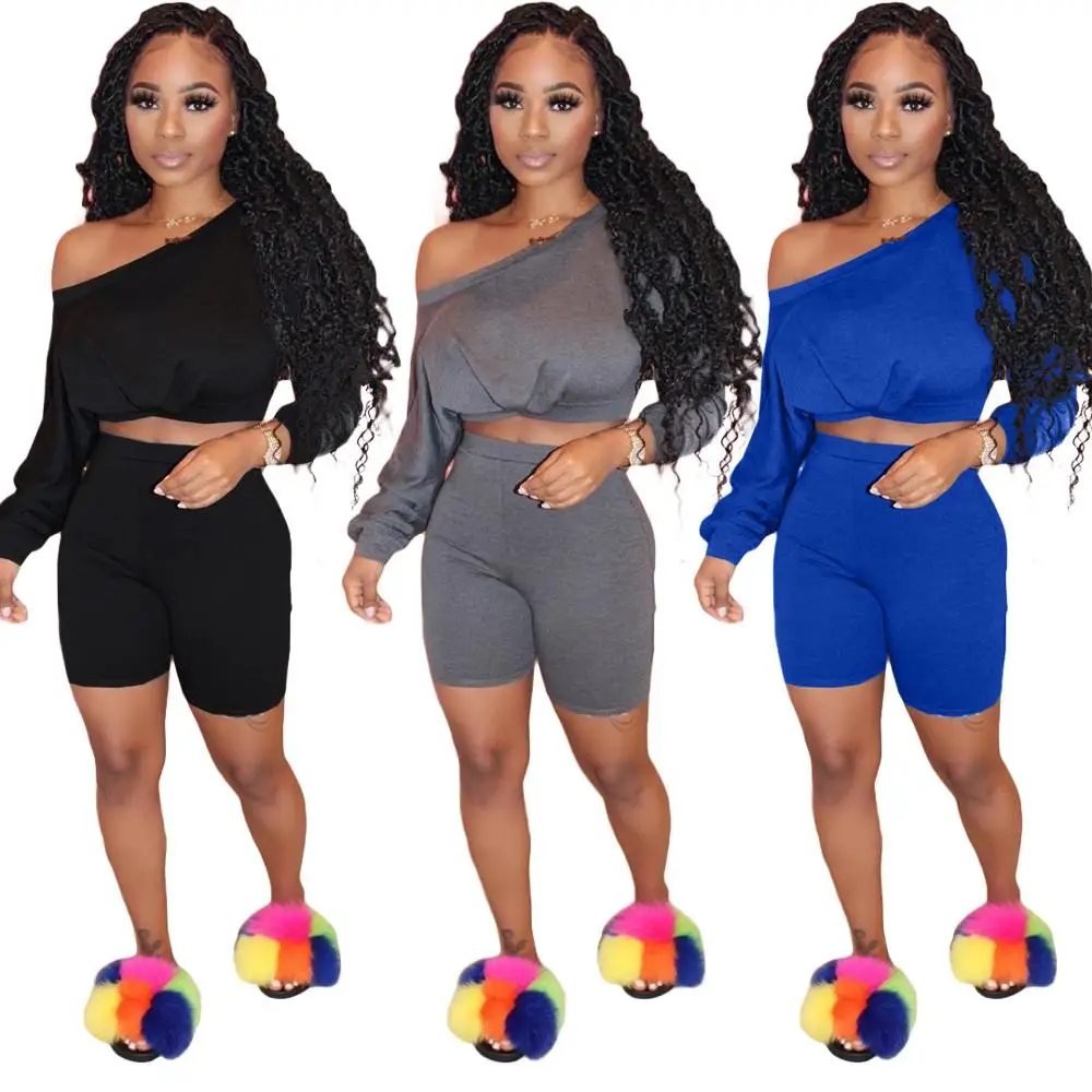 

New solid color two-piece suit one-word long-sleeved T-shirt and shorts suit 2020 summer fashion sports club women suit
