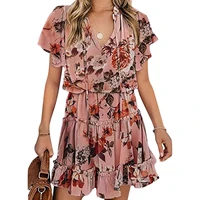 2021 summer women print mini dress ruffles floral dots short sleeve v neck beach dresses bohemian casual loose short dress