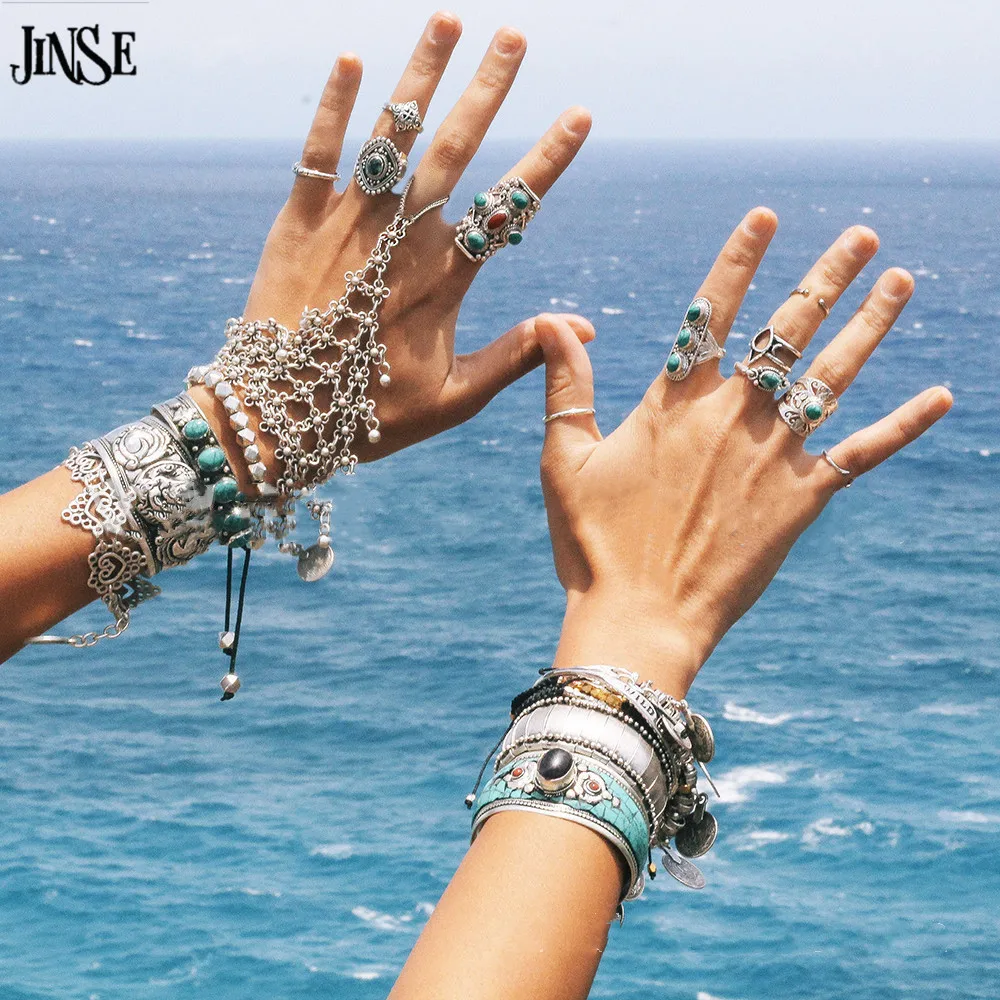 Винтажные серебряные цыганские Бохо Коачелла JINSE ажурные сетчатые браслеты с