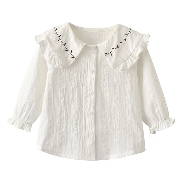 Белая блузка с длинным рукавом и кукольным воротником для девочек|Блузки
