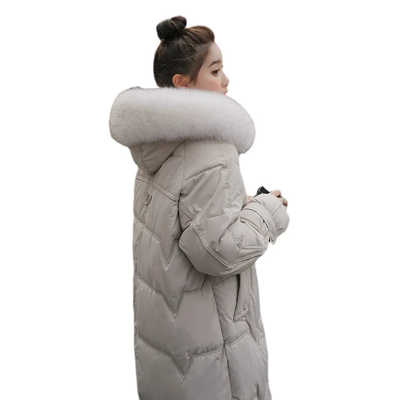2021 Women Large Fur Collar Solid Color Parkas Down Cotton Jacket Women's Mid-length Casual Zipper Thicken Warm Winter Coat