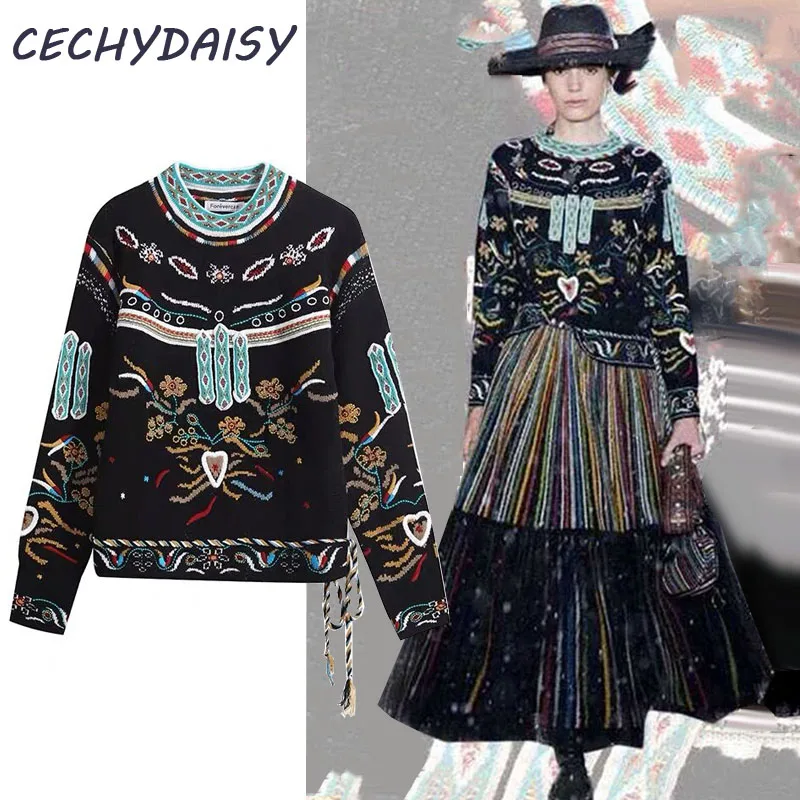 Runway Sweater Women Luxury Brand Design Elegant Vintage Embroidery Loose Knitted Pullovers Tops Mujer pull femme nouveaute 2019 | Женская