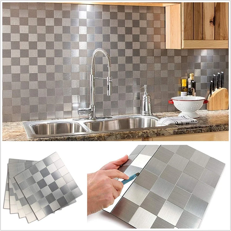 

Peel and Stick Tile Backsplash Self Adhesive Wall Sticker for Kitchen Wall Decor Aluminum Surface Metal Tile Silver Square Plaid