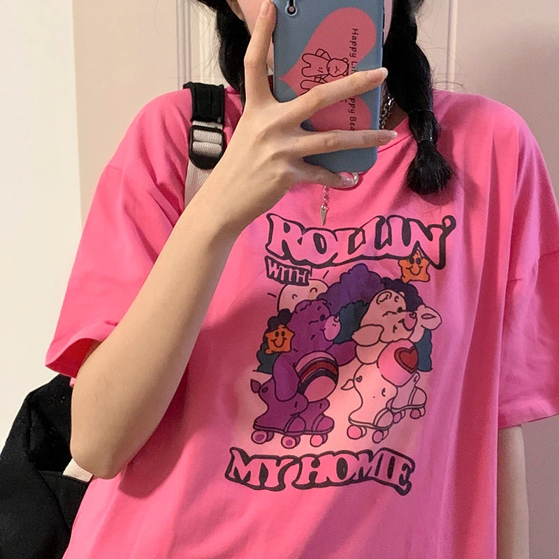 INS Супер Популярные розового цвета с коротким рукавом Футболка Женский 2021 летний