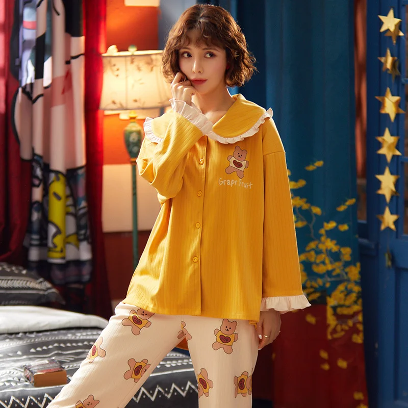 

2021 Spring And Autumn New Pajamas Women's Cardigan Lapel Long Sleeve Cotton Fresh Sweet Women's Home Suit pajama sets