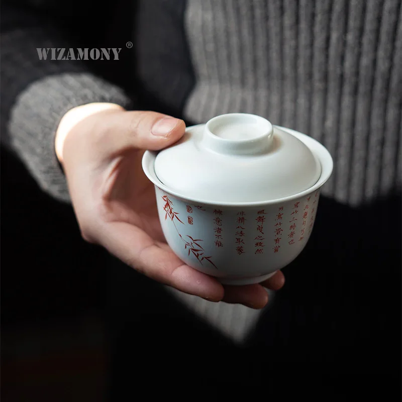 

WIZAMONY Jingdezhen ceramic cover bowl soda glaze Kung Fu tea set Tea Bowl Literati bamboo inscription Hand grasping Bowl