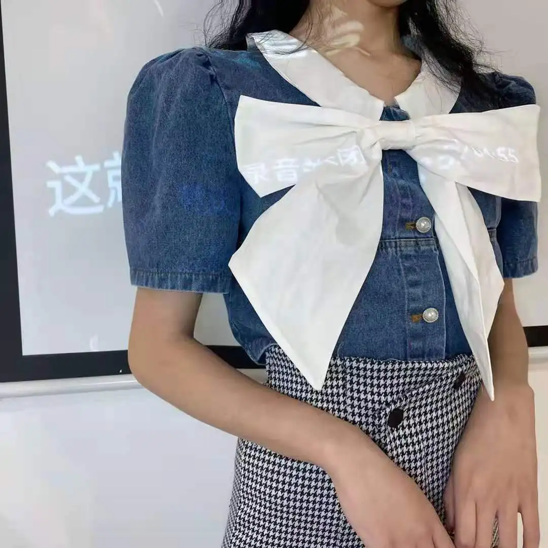 

RUGOD 2021 new spring and summer blouse, big bow short-sleeved denim shirt blouse women