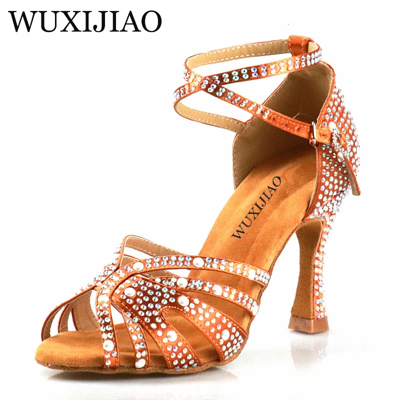 WUXIJIAO Women Latin Dance Shoes Rhinestones Soft Bottom Salsa For Dancing Ladies Sandals Women's Wedding Hight Heels 7.5C | Спорт и