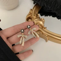 925 silver needle temperament rhinestone pearl bowknot camellia earrings high quality clip earring for women girl party jewelry