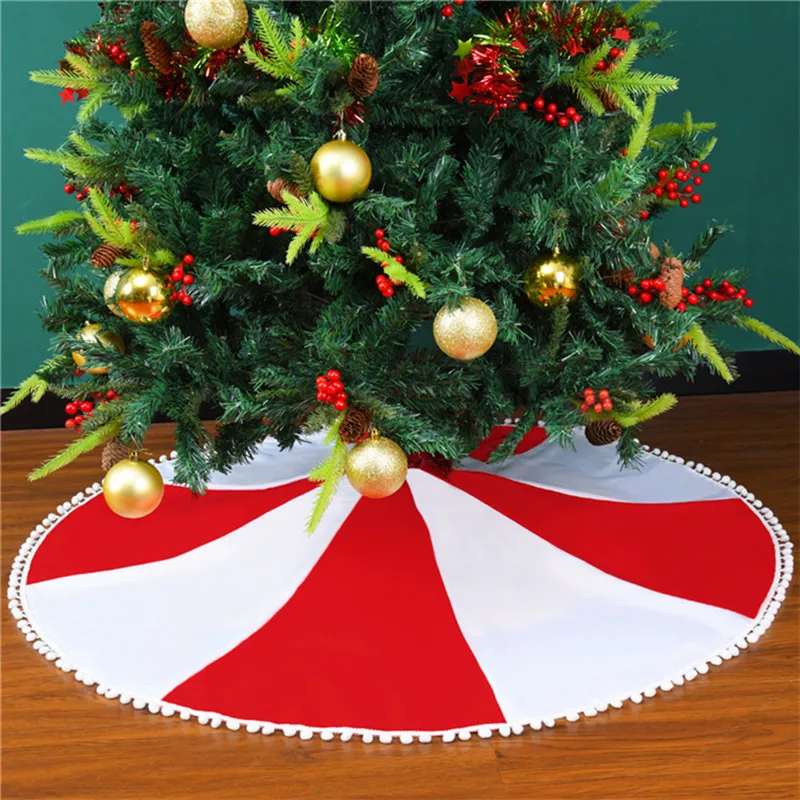 

Christmas Tree Skirt Red and Green Striped with Fur Ball Edge Xmas Unique Trees Bottom Cover Mat Room Layout Decor New Year Gift