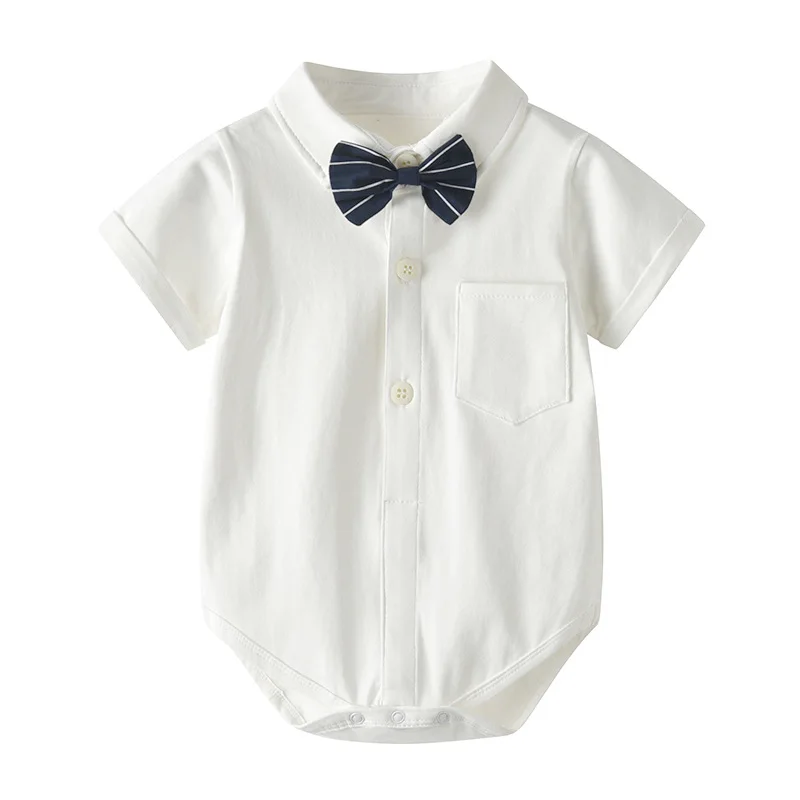 

Новинка лета 2021, корейский стиль, джентльменская Детская рубашка, рубашка с коротким рукавом и галстуком-бабочкой, треугольный комбинезон, ...