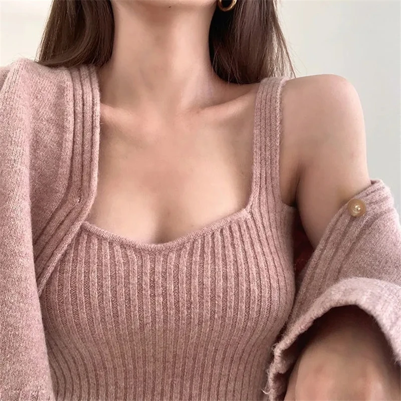 Винтажный Розовый комплект из двух предметов новинка 2022 Осенний вязаный