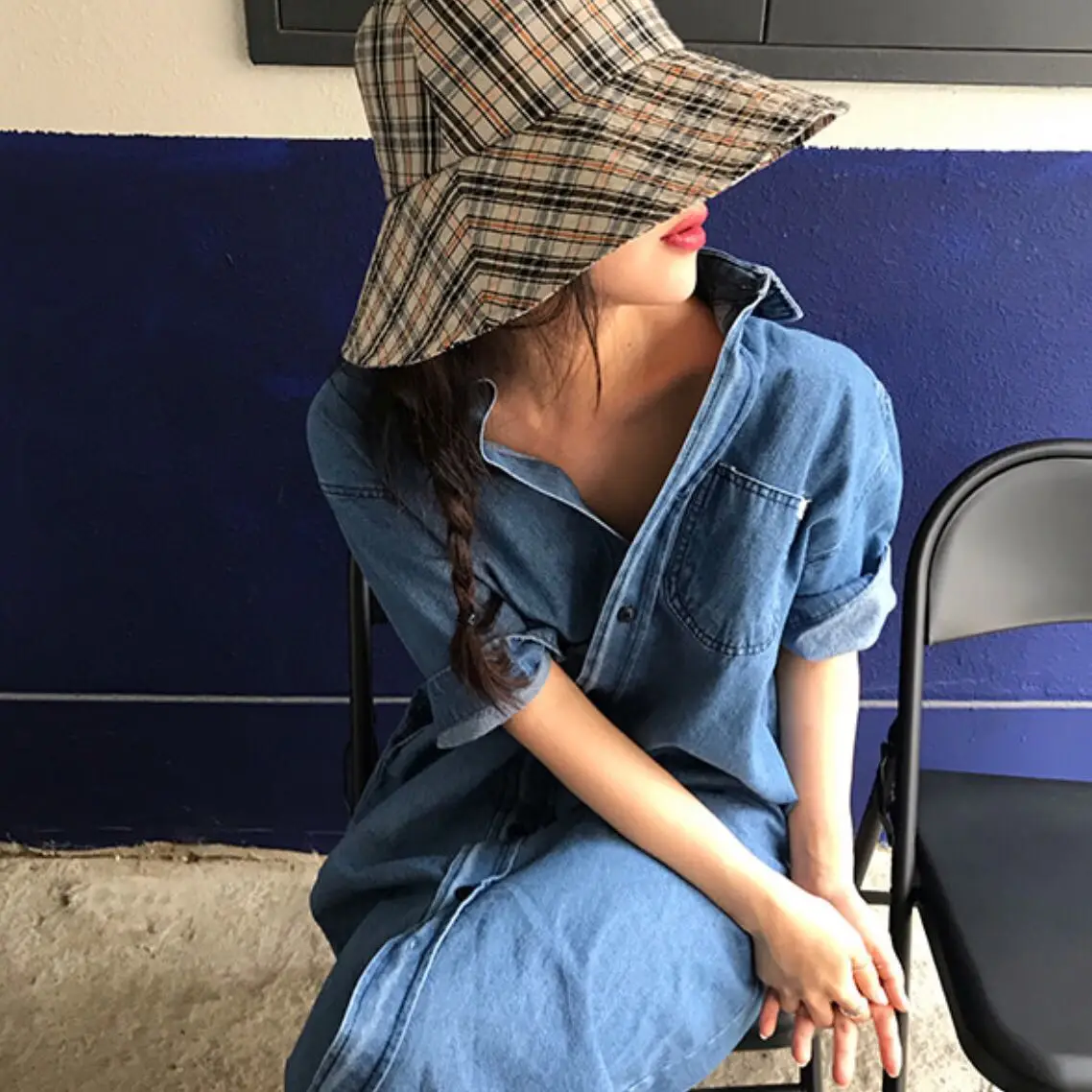 

2020 Summer Korean Style Chic Harajuku Preppy Style Super Handsome Loose Retro Long Lapel Denim Dress for Women